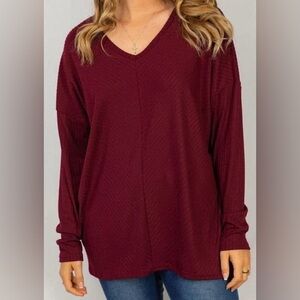 White Birch Burgundy Ribbed V-Neck Long Sleeve